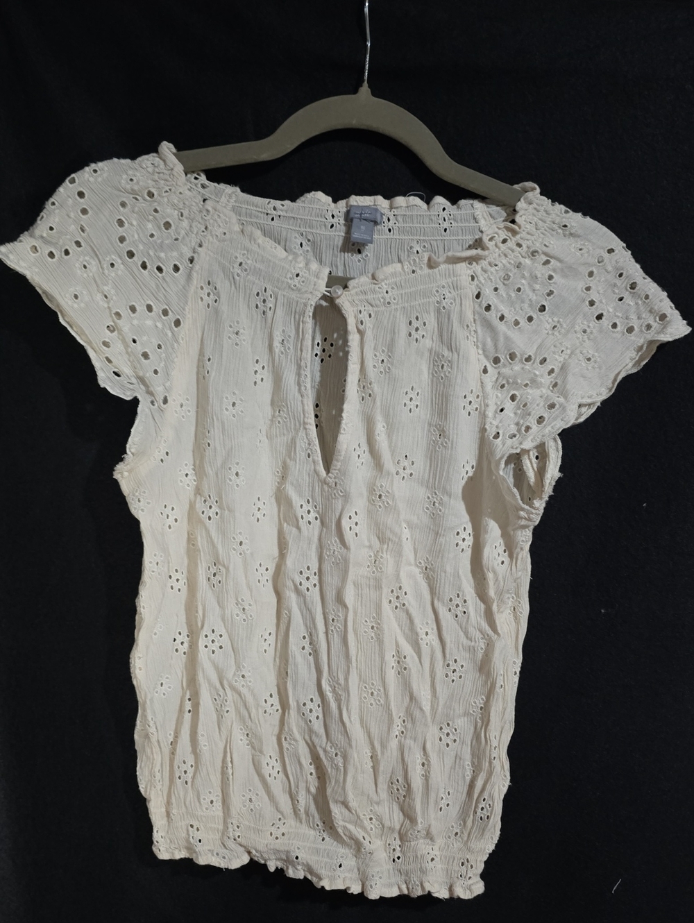 aerie Ivory Eyelet Tie-Neck Flutter Sleeve Top